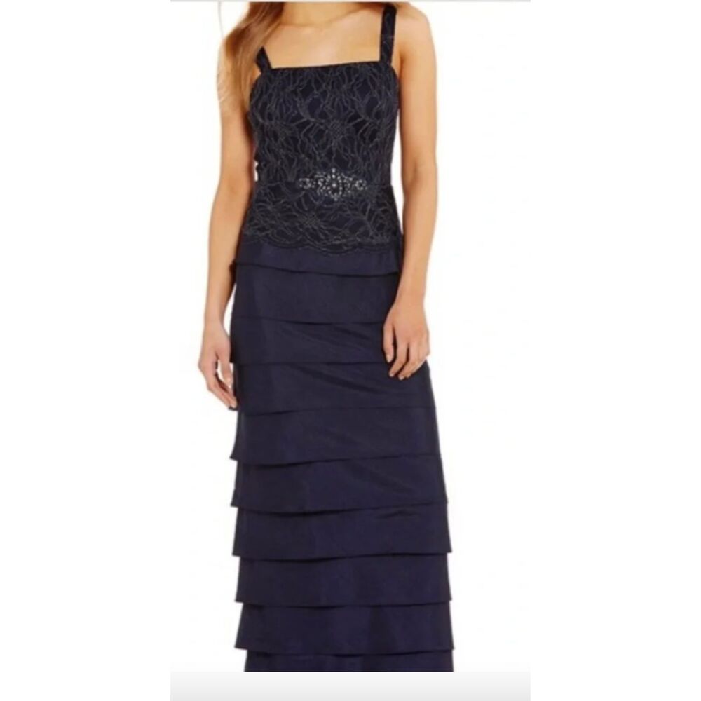 Jessica Howard Womens Navy Blue Layered Ruffle Tiered Lace Dress Women Size 12